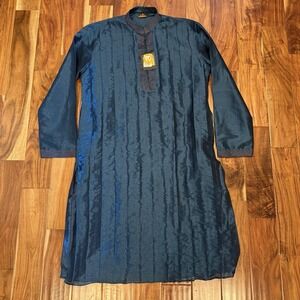 Manyavar Mens Blue Kurta Size XXL/44 110cm Silk Buttons Dry‎ Clean NWT